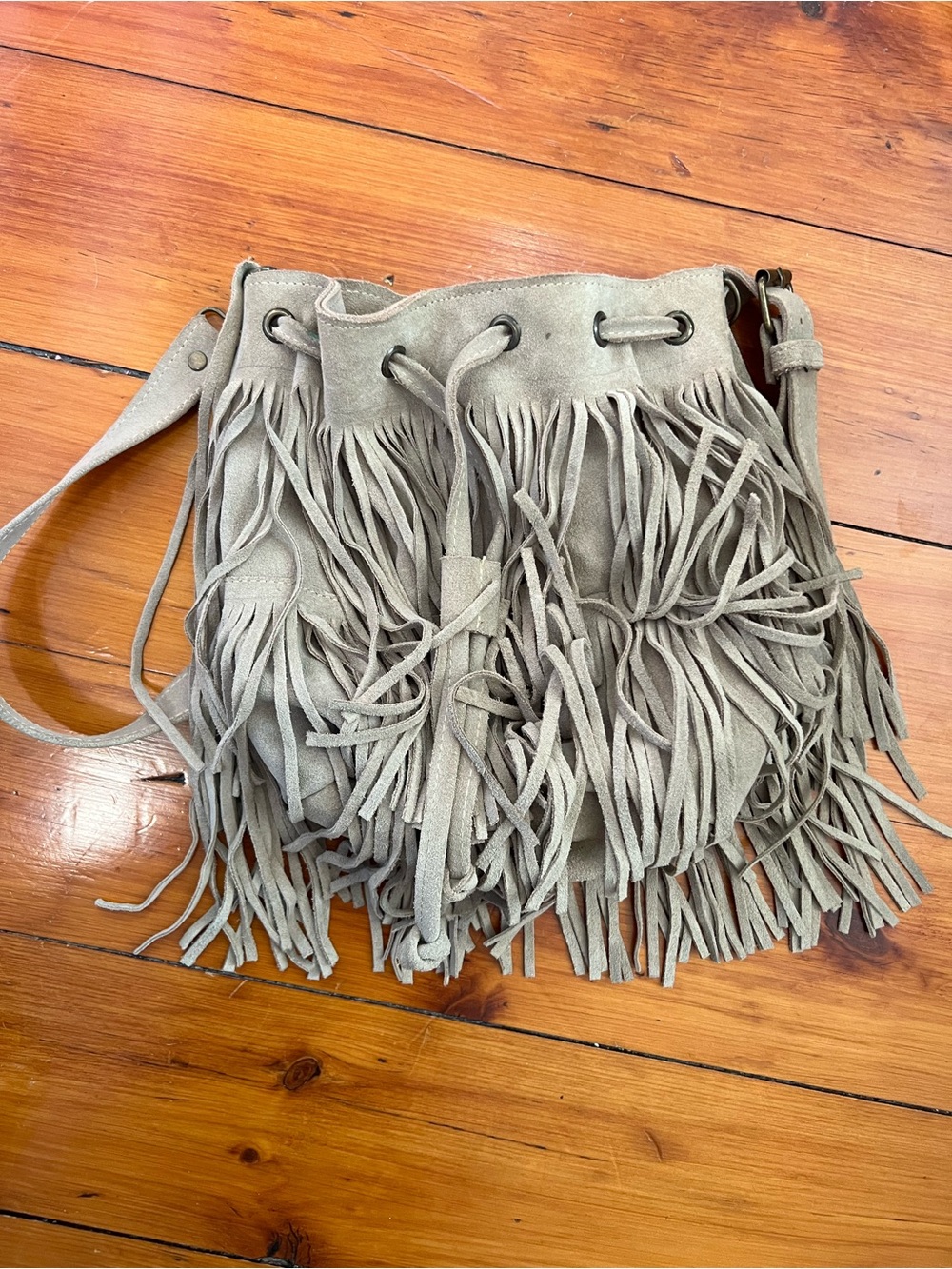 Soft Suede Fringe Drawstring Bucket Vintage Find!